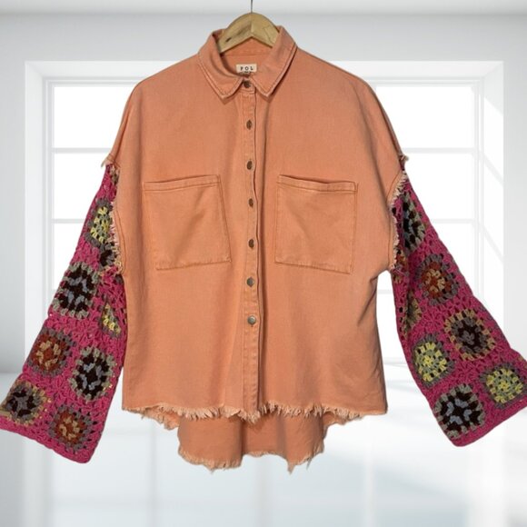 POL Patchwork Crochet Sleeve Denim Shacket | Bohemian Frayed Oversized Jacket M - Picture 2 of 13